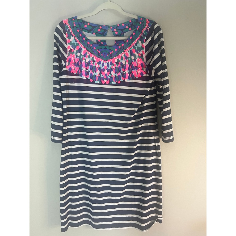 Lilly‎ Pulitzer Navy White Striped Pima Cotton Dress Floral Neckline Medium